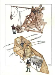 Middle Ages: war machine, model of catapult and tank fired by oxen with sharpened spears.