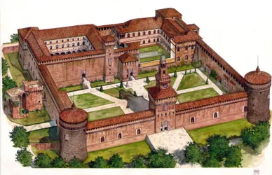 Overview of the Sforza Castle fortress built by Duke Francesco Sforza in the 15th century in Milan, Italy.