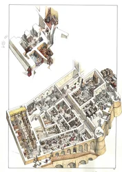 Reconstruction with a view to cutting the underground areas where the service floor is located in the ducal palace of the city of Urbino in Italy. It was built by Duke Federico da Montefeltro.