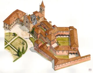 Romanogothic art: aerial view of Viboldone Abbey, built between 1176 and 1348, San Giuliano Milanese, near Milan, Italy. Illustration by Giorgio Albertini.