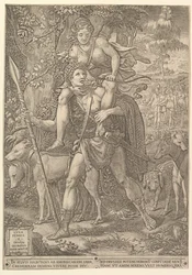 Allegory of the Hunt, a hunter holding a large spear carrying a woman Diana on his shoulder