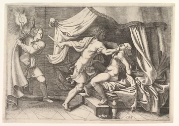 Tarquin attacking Lucretia, a servant at left witnessing the scene
