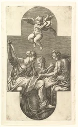 Three Muses and a Putto with Cymbals, a Cruciform Composition, from a Series of Eight...