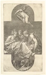 Three Muses and a Putto with a Lyre, a cruciform composition, from a series of eight compositions...