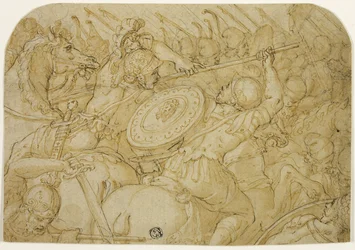 Cavalry Skirmish (recto); Architectural Sketch (verso)