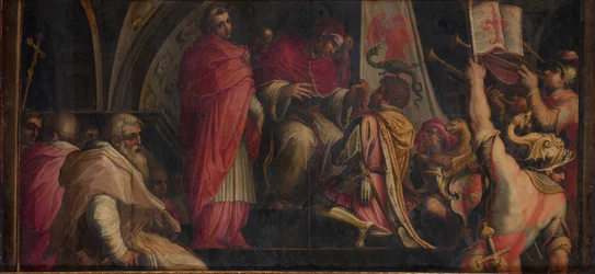 Pope Clement IV hands his insignia to the captains of the Guelph Party