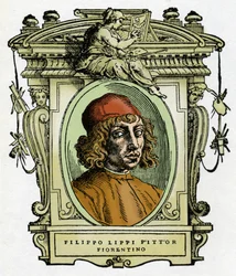 Portrait of Filippo Lippi (1406-1469) Florentine painter. Xylography from “The life of painters” by Giorgio Vasari.