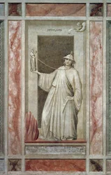 Faithlessness (also called Idolatry), male figure turning away from God and holding an idol that keeps him tied at the neck, by Giotto, detail from the cycle of frescoes The Vices and Virtues, after the restoration, Scrovegni Chapel, Padua, Veneto, Italy.