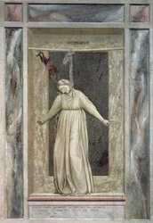 Despair, female figure hanging herself and devil who grabs her by the hair, by Giotto (1267-1337), detail from the fresco cycle The Vices and Virtues