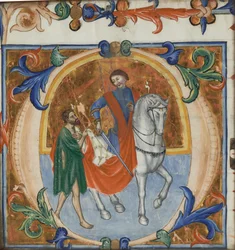An Illuminated Miniature of St. Martin Dividing His Cloak (from a Grand Choral Book)
