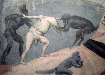 The Last Judgement: Hell, detail of one of the damned taken by two demons, c.1303-05