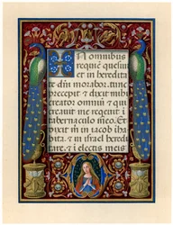 Text page with the Virgin and two peacocks, c. 1490.