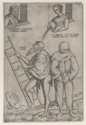 A Man Climbs a Ladder While a Woman Throws Water on Him from Above
