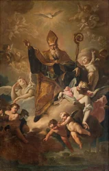 South transept, Altar of San Benedetto, Saint Benedict in Gloria while blessing the city, Altarpiece by Giovanni Angelo Borroni, 1744