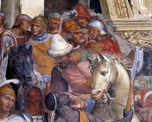 How Benedict meets the two young Romans Maurus and Placidus. Detail of a cloister fresco by Antonio Bazzi, called Il Sodoma (1477-1549), recounting the life of Saint Benedict of Nursia (480-567)
