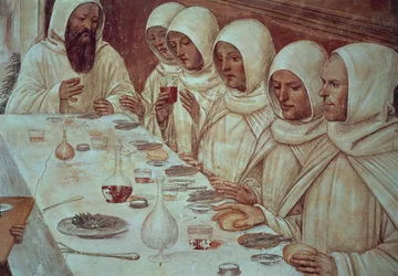 St Benedict having obtained ample flour and fed the monks (detail)