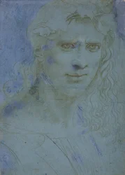 Bust of young crowned with thorns and vine shoots