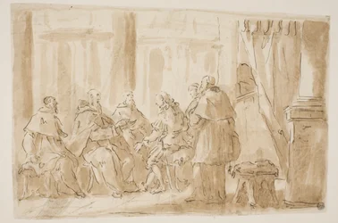 A group of five clergymen speaking with a layman