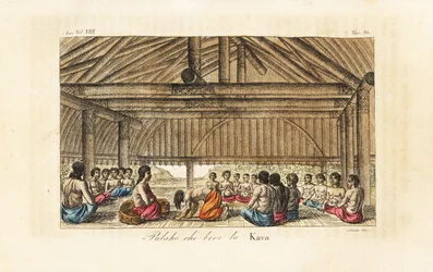 King Polaho drinking kava in a longhouse, Tonga (Friendly Islands). Handcoloured copperplate engraved by Sasso after John Webber from Giulio Ferrario