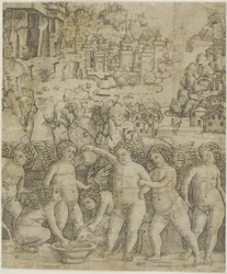 Seven Cupids with Two Rams in a Landscape