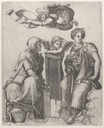 Two Female Figures Seated in the Clouds Flanking an Angel and Another Flying Above
