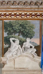 Guest Lodgings, Room of the Rural Scenes: Monochrome Fresco Representing a Satyr and a Maenad