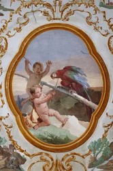 Guest Lodgings, the Room of the Putti, medallion with putti: "Two putti and a parrot"