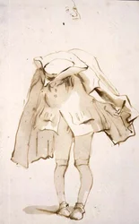 Caricature of a man with a bent head, possibly a hunchback