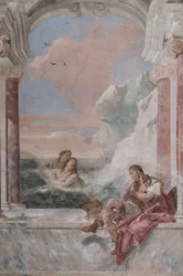 Small Building: view of the first room and its frescoes representing episodes from the Iliad: "Achilles in tears while his mother Thetis emerges from the sea to console him"