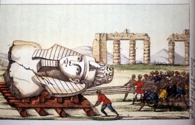 Transportation of the Bust of Memnon on the Banks of the Nile by Belzoni. Giovanni Battista Belzoni, Italian Explorer and Archaeologist, Made Important Archaeological Discoveries in Egypt. Engraving in 