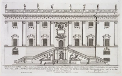 View of the facade of Palazzo Senatorio in Piazza del Campidoglio, Rome, begun by Michelangelo Buonarroti (1475-1564) and completed by Girolamo Rainaldi (1570-1655)