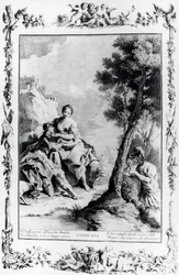 Armida and Rinaldo seen by Crusaders Carlo and Ubaldo, canto XVI, Jerusalem Delivered