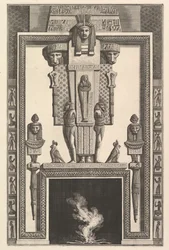 Chimneypiece in the Egyptian style: Mummy superimposed on a large caryatid above the lintel