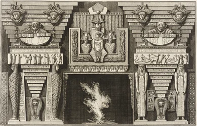 Chimneypiece in the Egyptian style: Two mummies in profile on the left and two figures bearing obelisks on the right.
