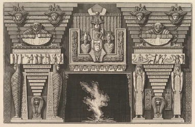 Chimneypiece in the Egyptian style: Two mummies in profile on the left and two figures