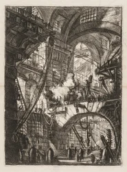 The Prisons: A Perspective of Arches with a Smoking Fire in the Center