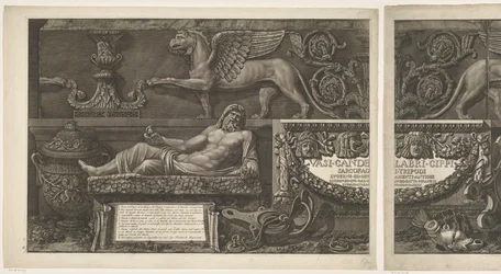 Title Page with Sculptures, Carved Reliefs, and a Sarcophagus with Title Vases, Candelabras, Tombstones, Sarcophagi, Tripods, Lamps, and Ornaments Designed and Engraved by Giovanni Battista Piranesi (series title)