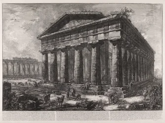 View of the Temple of Neptune, Tutelary God of the Ancient City of Pesto, although no sign can be seen there that might indicate whether this temple belonged to this deity or to another ...