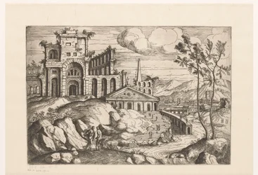 Landscape with Ruins and Fantasy Architecture by Flowing Water with Waterfall
