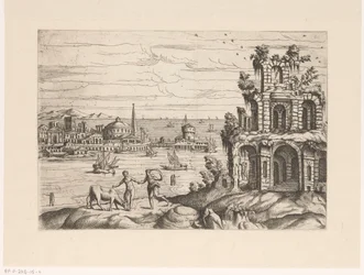 Cityscape with Ruins and Fantasy Architecture by the Water