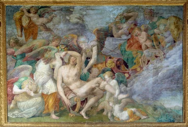 The death of Adonis, fresco of the 5th south bay of the gallery of Francis I in Fontainebleau. Painting by Giovanni Battista di Jacopo Rosso (1494-1541)