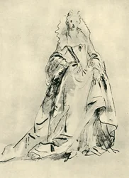 A lady wearing a gown with high collar and pointed bodice