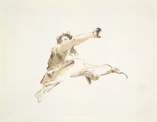 Seated Figure with Head Turned to the Left and Right Arm Raised, Seen from Below