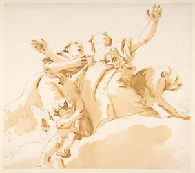Two Women, a Lion, and a Putto on Clouds