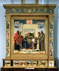 Coronation of the Virgin with SS. Paul, Peter, Jerome and Francis of Assisi, with scenes from the lives of the saints in the predella panel, known as the Pala di Pesaro altarpiece, c. 1474