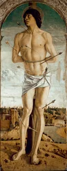 Polyptych of Saint Vincent Ferrer: Saint Sebastian. Painting by Giovanni Bellini, known as il Giambellino (ca. 1432-1516), 1464-1468, dimensions 167 x 67 cm, Venice, Chiesa dei Santi Giovanni e Paolo