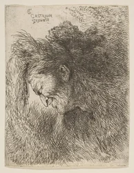Head of an old man looking down, facing Left, from the series of Small Heads, ca. 1645-1650