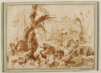 Landscape with a flock of sheep driven by a shepherd leading a laden mule