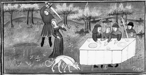 Decameron, Men at a banquet watch a knight attack a young girl. Fifth day, story 8