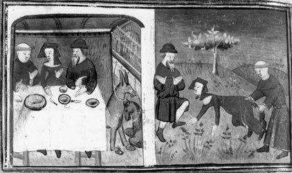 Decameron, Gianni di Barolo sits at the table with Pietro da Tresanti and his wife; Gianni tries to attach the tail to the woman. Ninth day, story 10